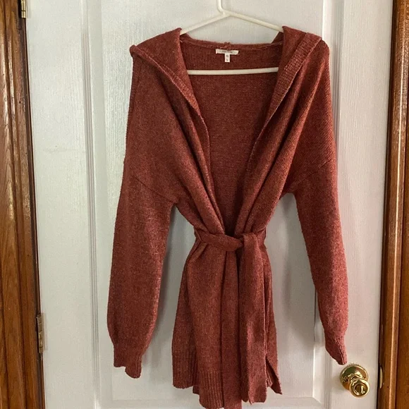 Maurices hooded open front cardigan with belt, burnt orange, large, EUC - Picture 1 of 7